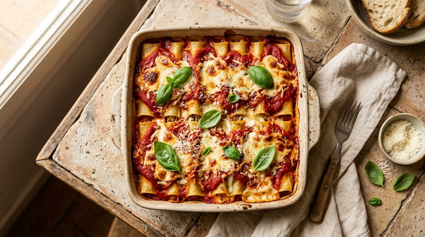 Plat de cannelloni au brocciu nappés de sauce tomate avant cuisson au four