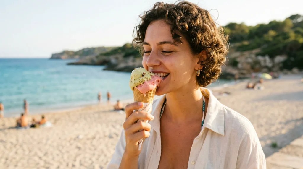 Personne dégustant une glace artisanale sur une plage méditerranéenne ensoleillée