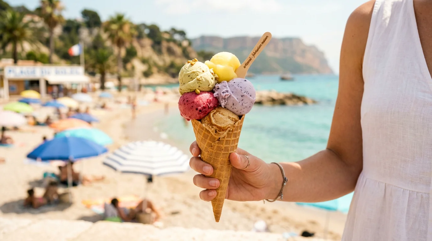 Cornet de glace artisanale tenu à la main devant une plage méditerranéenne ensoleillée