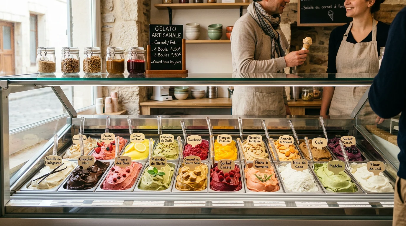 Vitrine d'un glacier artisanal présentant de nombreux bacs de glaces colorées